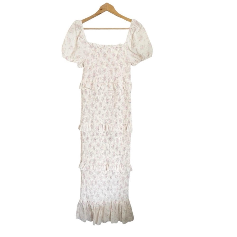 Puff-Sleeve Smocked Maxi Dress in Light Pink - Picture 3 of 7